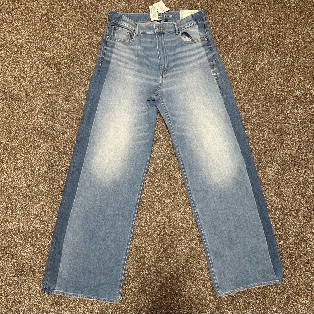 AE Dreamy Drape Stretch Stripe Super High-Waisted Baggy Wide-Leg Jean (12 Long) - Picture 3 of 8